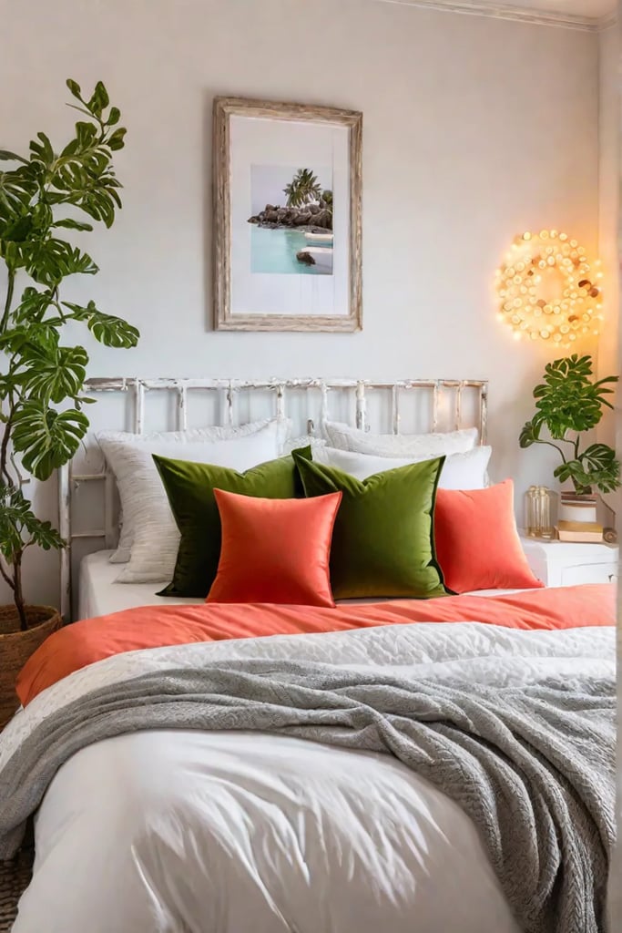 Repurposed window frame headboard with fairy lights