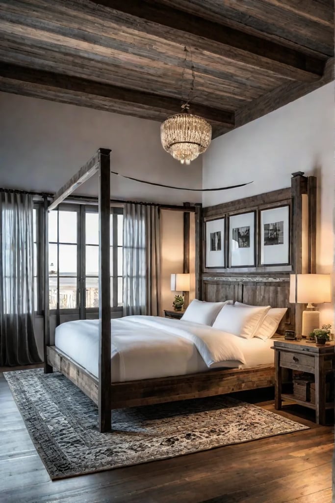 Rustic bedroom with reclaimed barn wood furniture and vintage accents