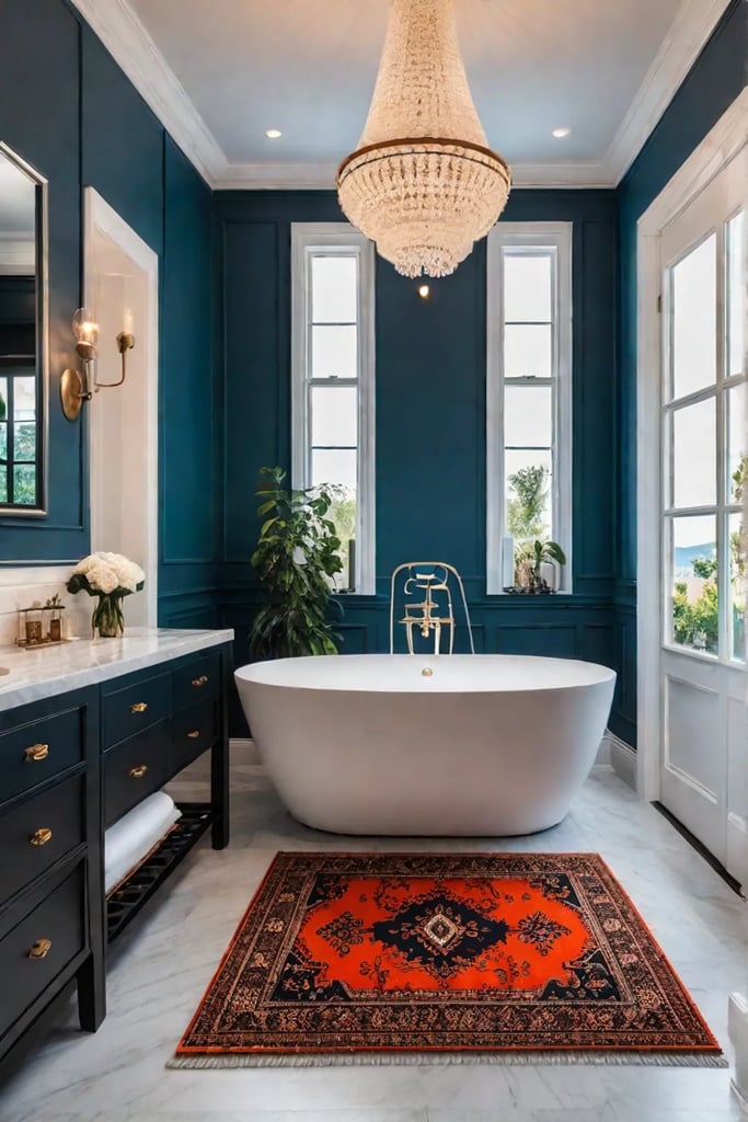 Serene small bathroom with patterned rug