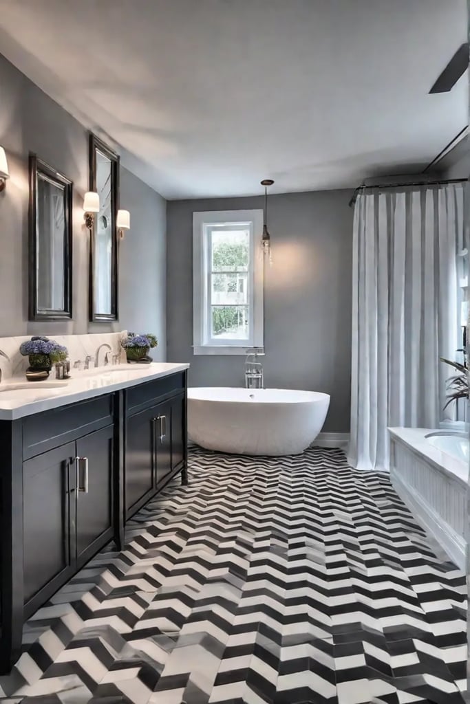 Small bathroom with chevron floor pattern