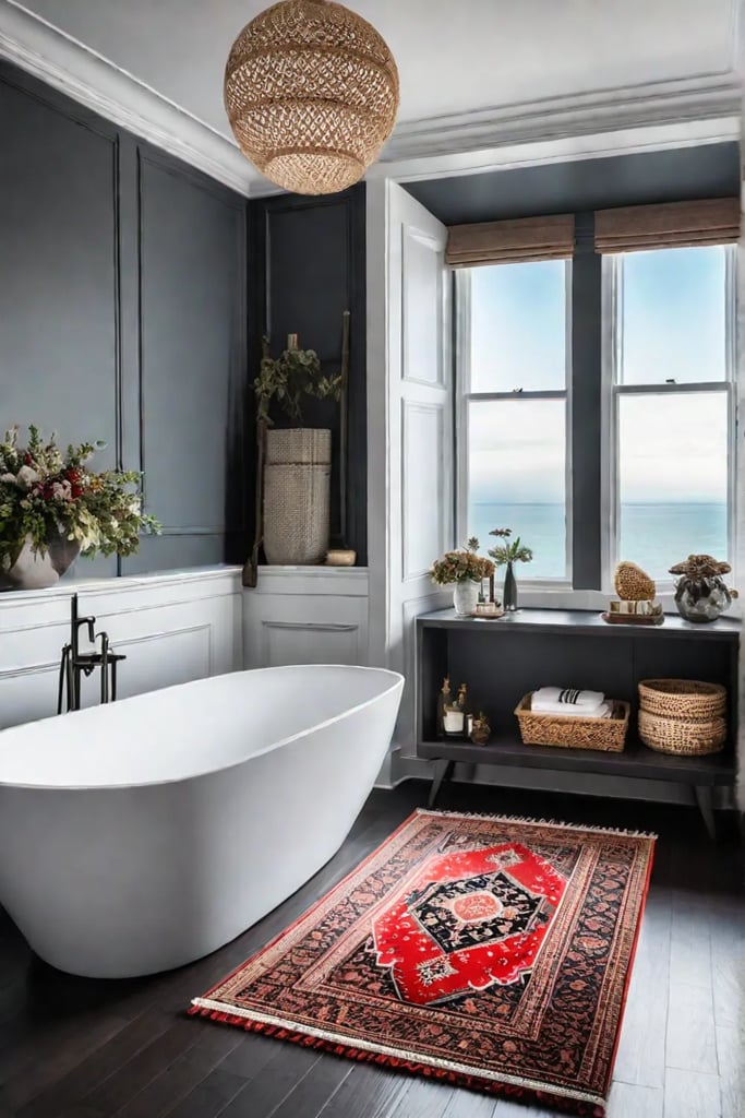 Small bathroom with rug in front of bathtub