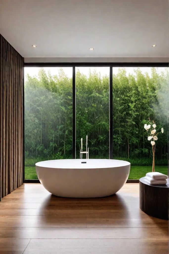 Spalike bathroom garden view sustainable flooring