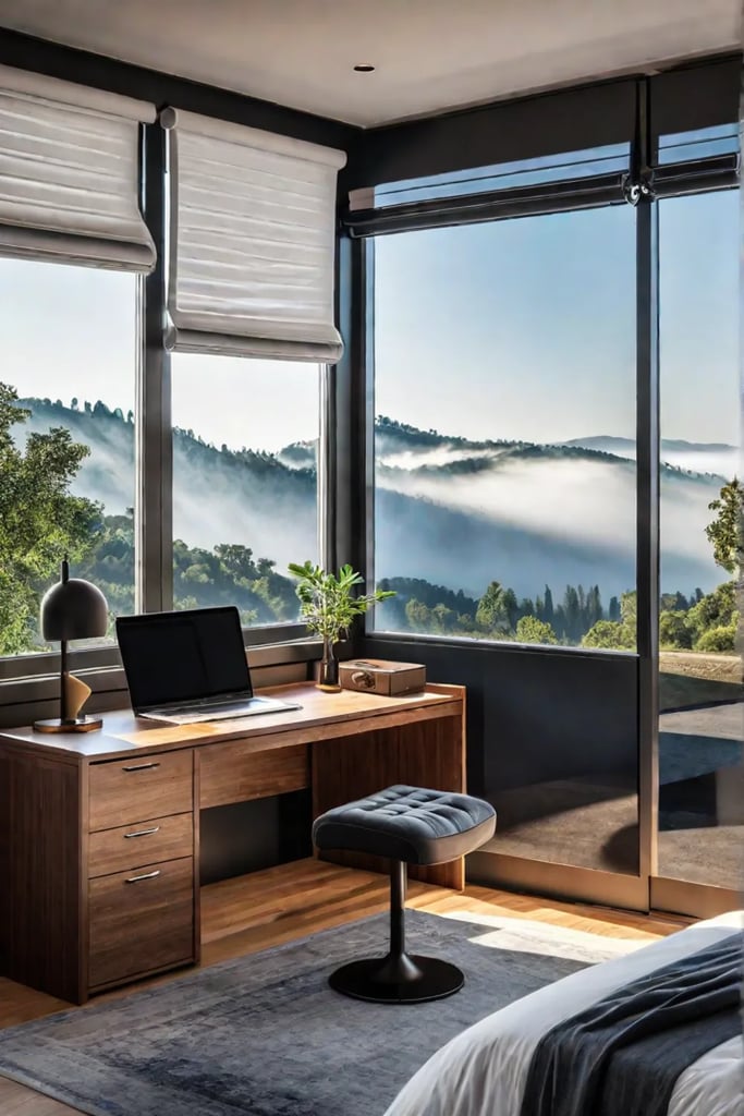 Wallmounted desk in a compact bedroom