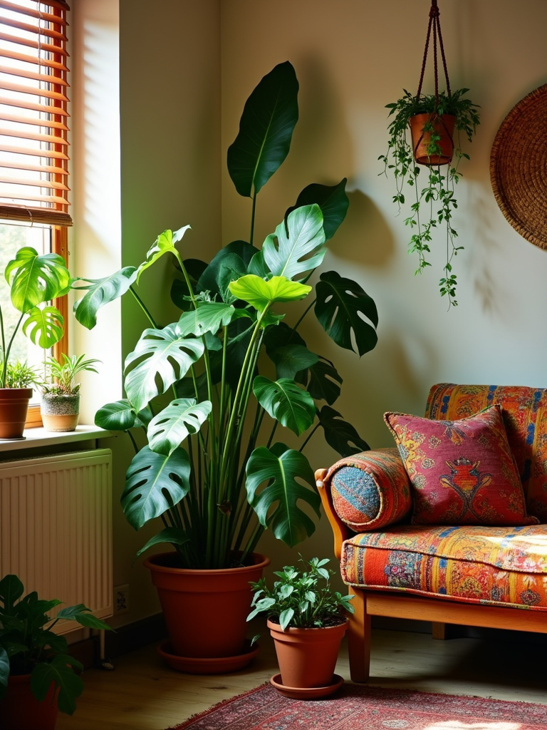 Boho living room plant corner with monstera, snake plant, and hanging pothos, adding greenery and a natural feel.