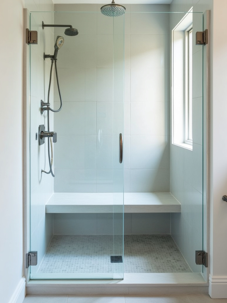 Modern bathroom featuring a comfortable built-in shower bench within a glass walk-in shower, enhancing relaxation and accessibility.