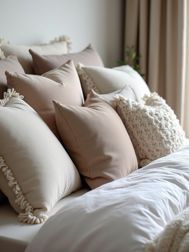 “Modern bed styled with a variety of throw pillows and decorative cushions in different textures and neutral tones, adding comfort and style.”