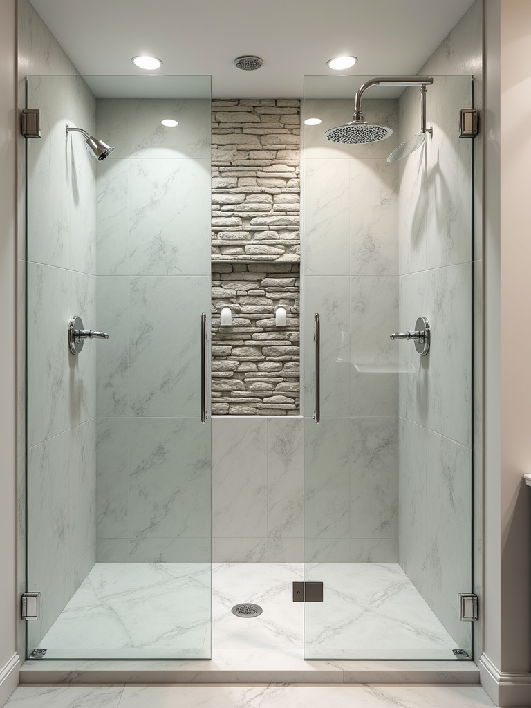 Elegant modern bathroom featuring a natural stone tile accent wall in the shower, showcasing the beauty and texture of light marble.