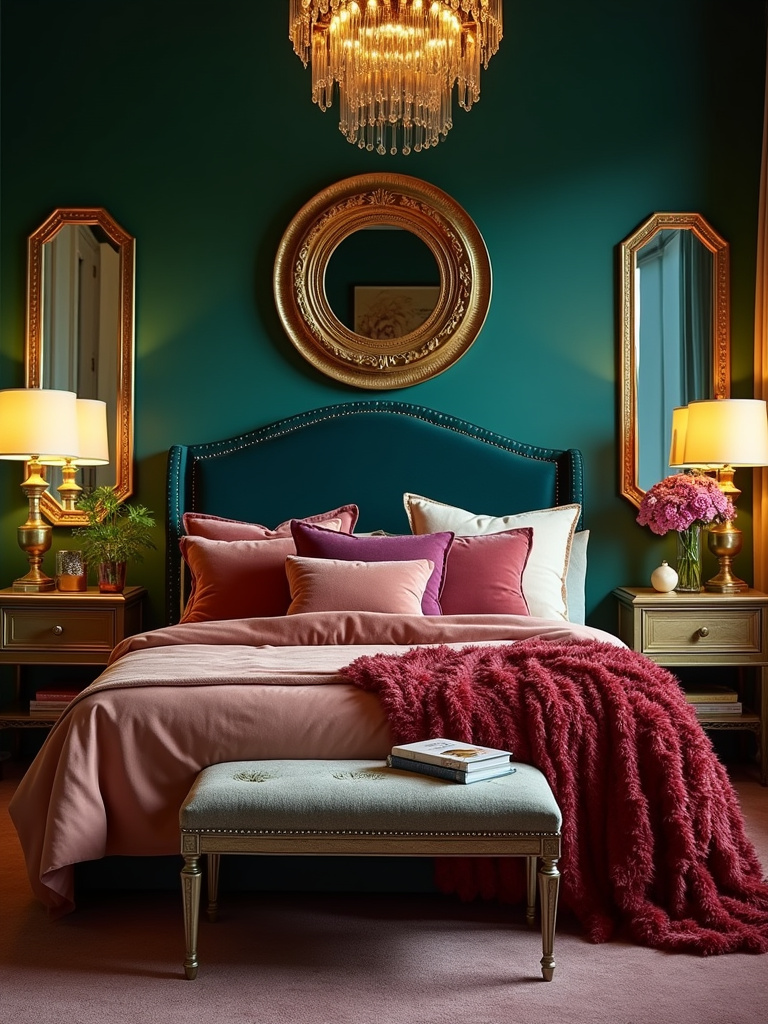 “Glamorous bedroom interior featuring velvet bedding, gold metallic accents, and rich jewel tones, creating a luxurious atmosphere.”