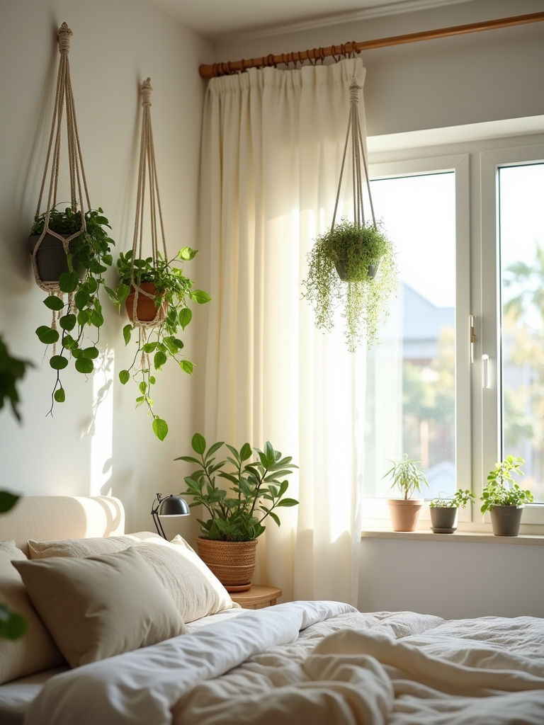 Greenery with hanging plants and wall-mounted planters adding life to a serene small bedroom.