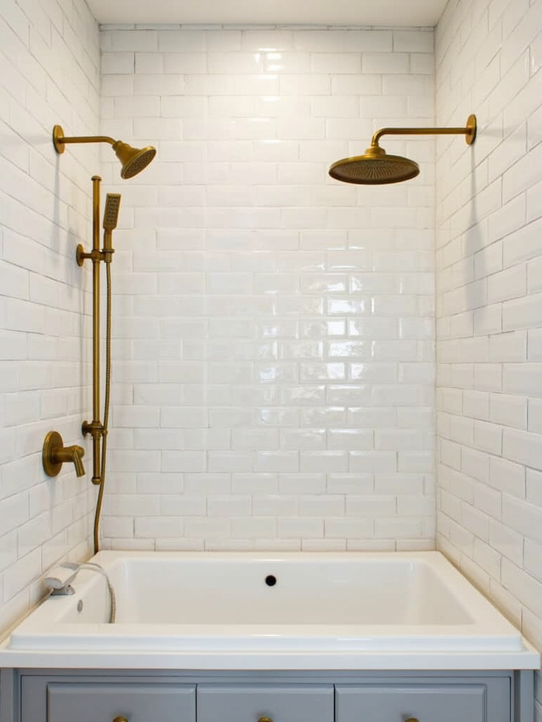 Modern bathroom featuring elegant brass accents, including a brushed brass faucet and showerhead, adding warmth and sophistication to the space.