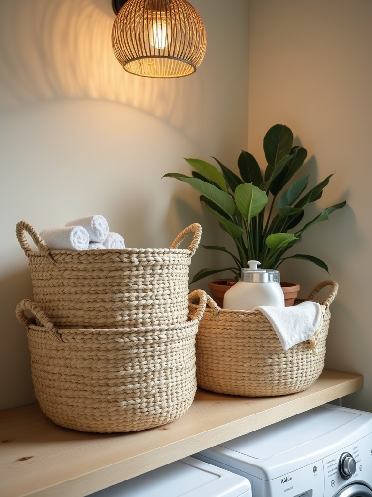 Woven baskets in varying sizes on a laundry room shelf, holding towels, detergents, and plants.