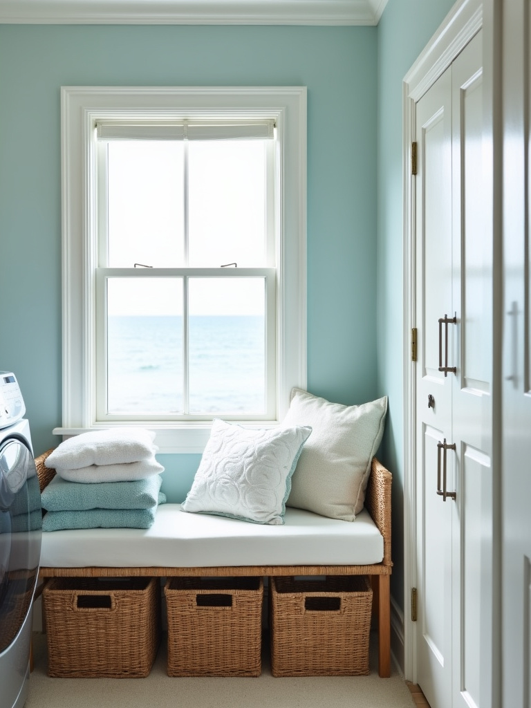 Coastal laundry room with a comfortable wicker bench seating area.