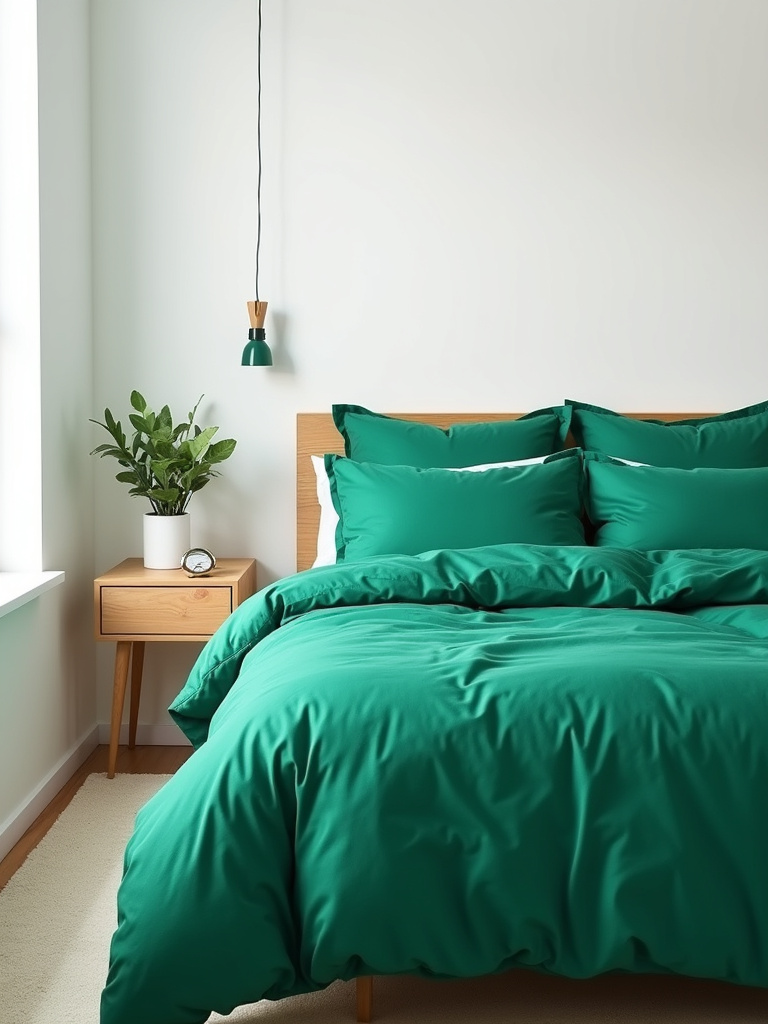 “Bright bedroom with white walls and a vibrant emerald green bedding set as a bold pop of color.”