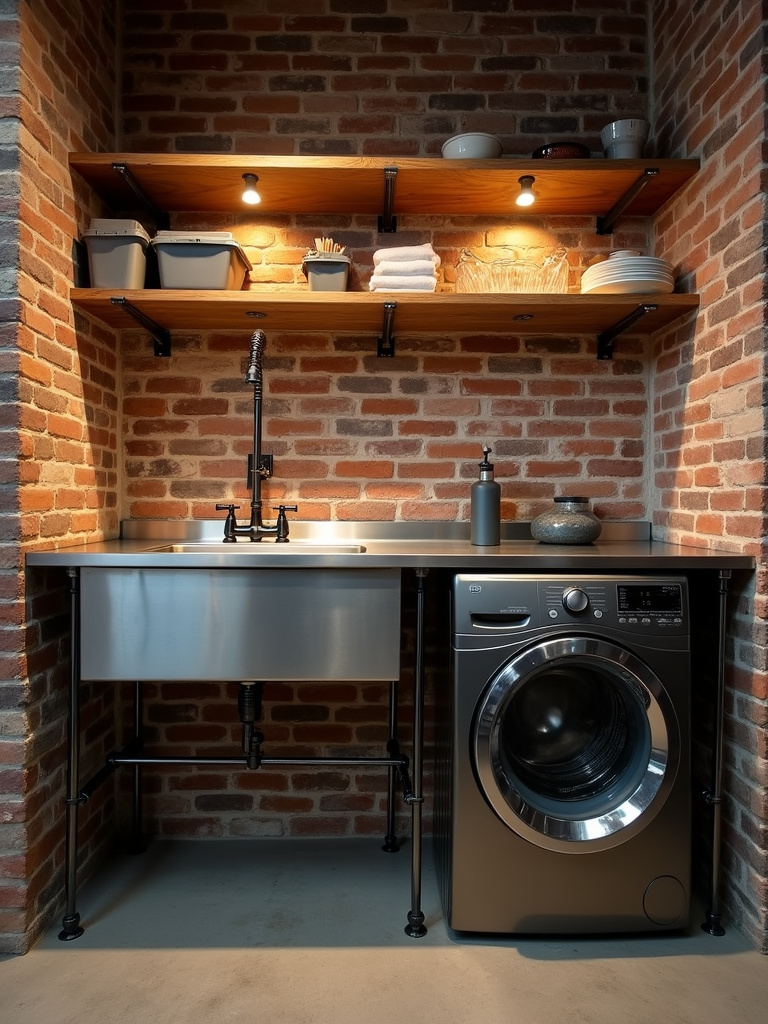 Industrial style laundry room featuring a stainless steel utility sink with exposed brick wall.