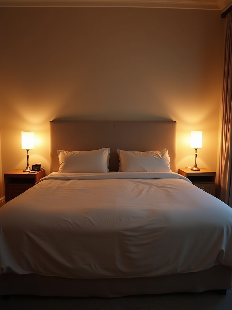Cozy bedroom with soft ambient lighting from frosted glass lamps on nightstands.