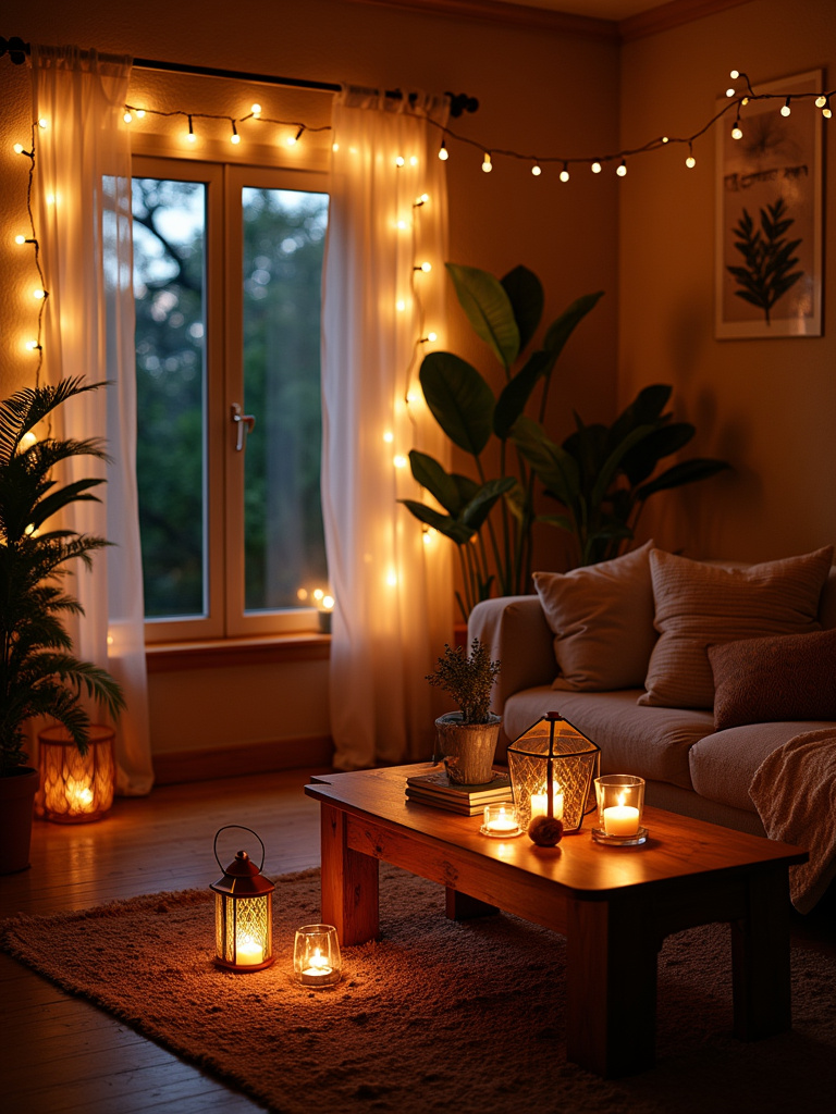 Boho living room at twilight with layered ambient lighting from string lights, lanterns, and candles, creating a warm and magical atmosphere.