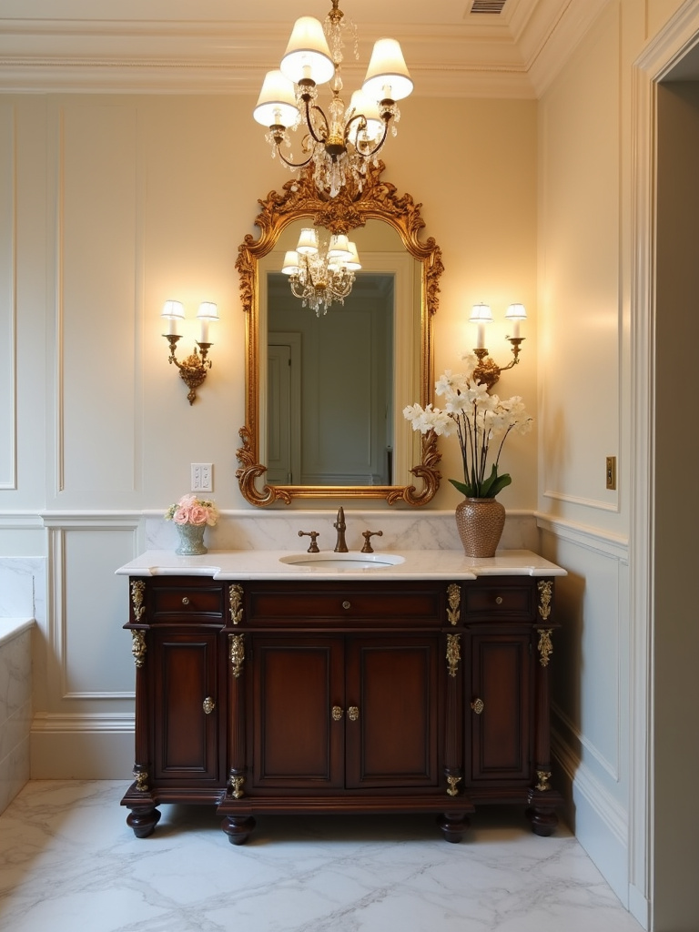Large ornate gold framed mirror hanging above a dark wood vanity in an elegant traditional bathroom.