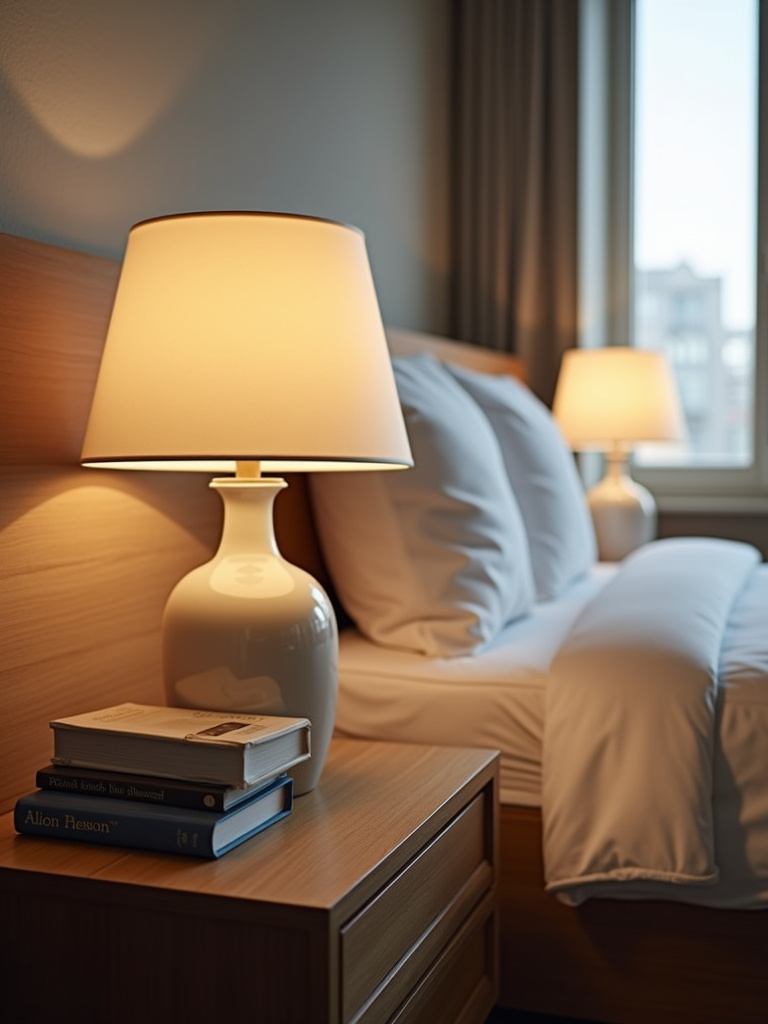Bedroom bedside tables with matching ceramic table lamps providing focused reading light.