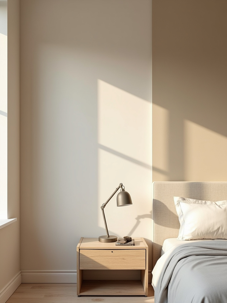“Beige bedroom featuring a subtly contrasting beige accent wall achieved with textured paint to add depth and definition.”