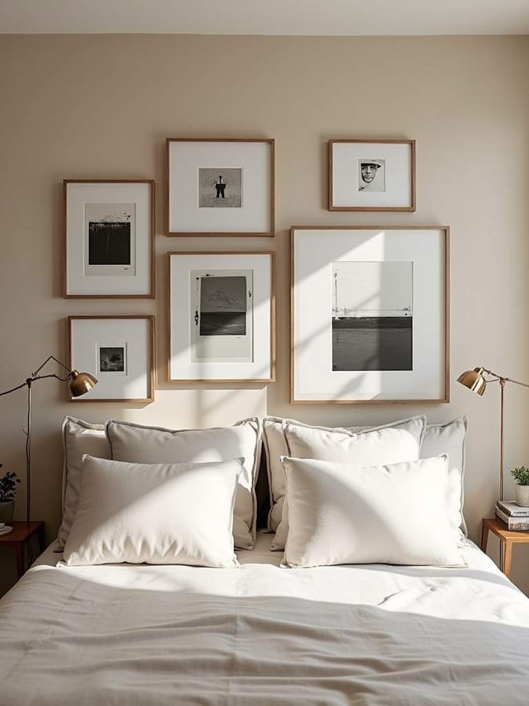 “Beige bedroom featuring a curated art gallery wall with black and white photography and neutral-toned artwork, adding personality and visual interest.”