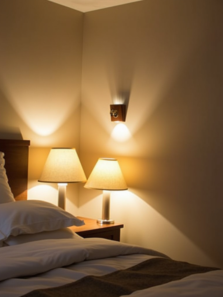 “Beige bedroom demonstrating layered lighting with bedside lamps, wall sconces, and ambient ceiling light to create depth and a cozy atmosphere.”