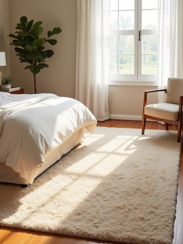 “Beige bedroom featuring a soft beige rug that anchors the space, adding warmth and texture while maintaining the neutral palette.”