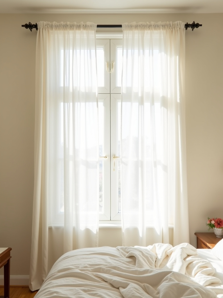 “Beige bedroom featuring sheer curtains that maximize natural light and add a layer of softness, creating an airy and serene space.”