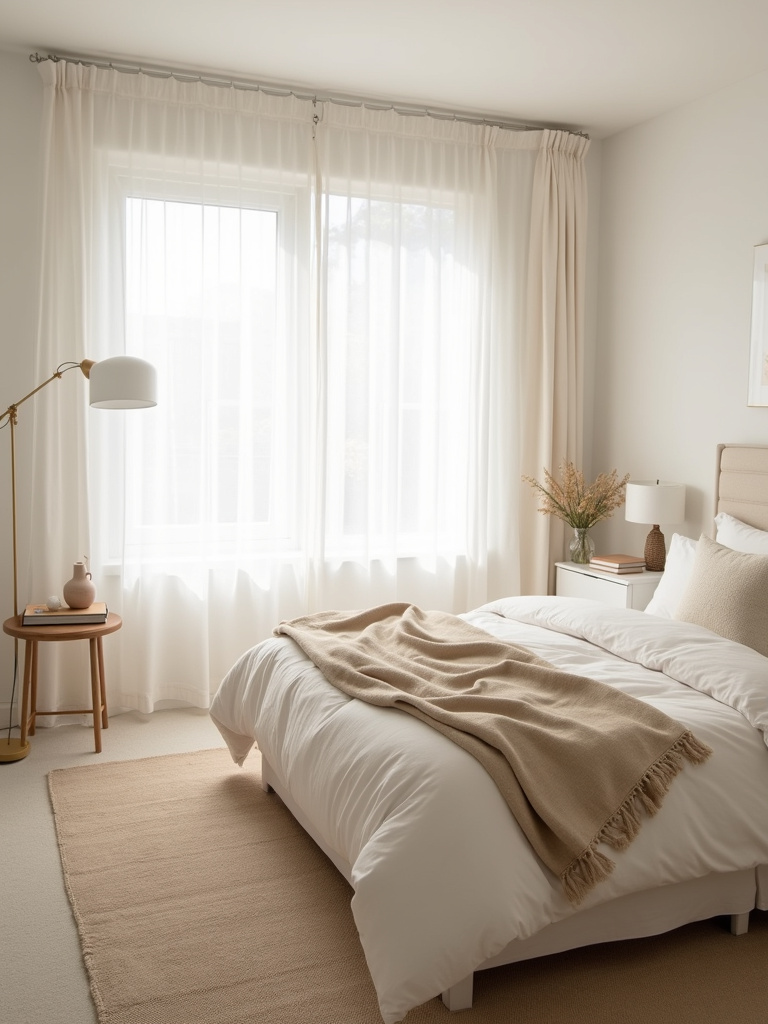 “Beige and white bedroom showcasing a classic and timeless color combination for a serene and tranquil space.”