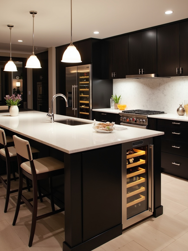 Modern kitchen island in black with a built-in stainless steel wine refrigerator, white quartz countertop, and bar seating.