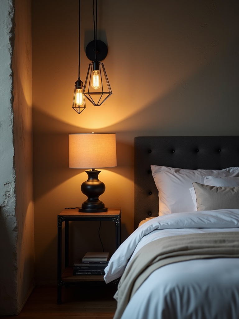 Industrial bedroom with black metal lighting fixtures adding an edgy and utilitarian touch.