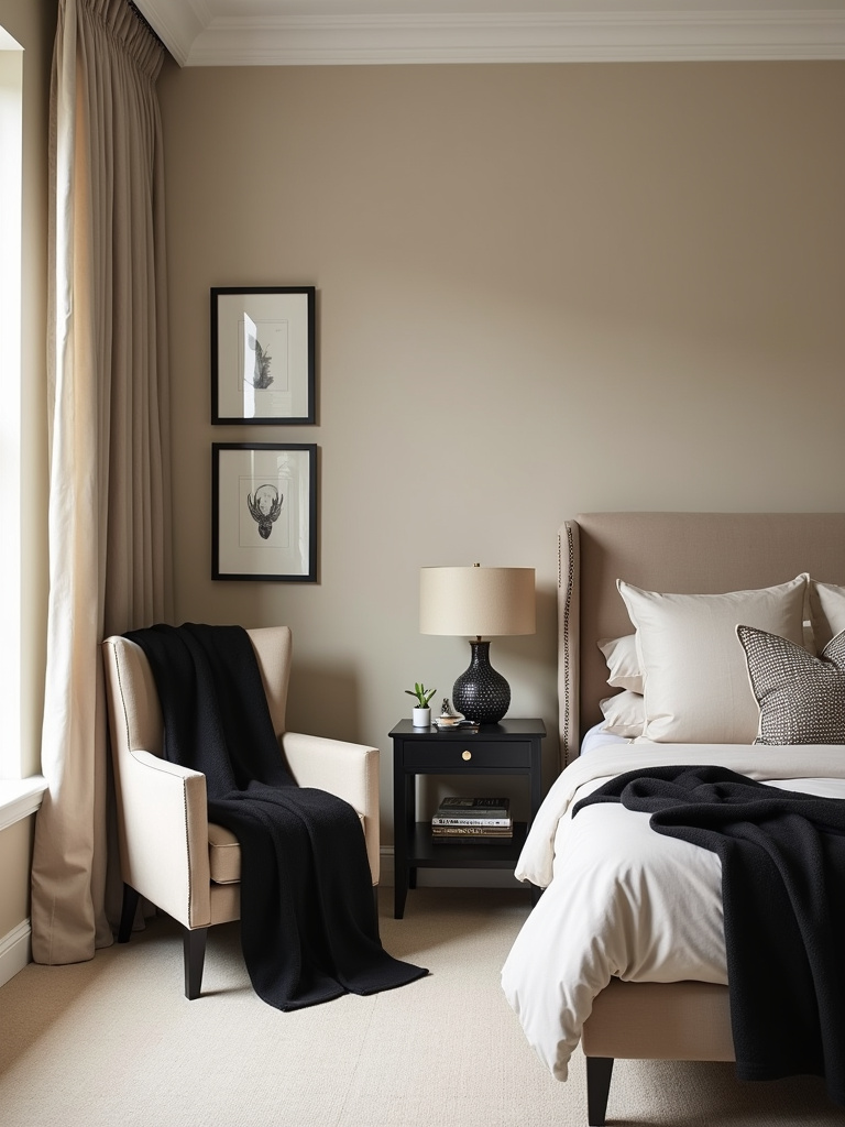 “Beige bedroom incorporating black accents to create a sophisticated and modern contrast in the neutral space.”