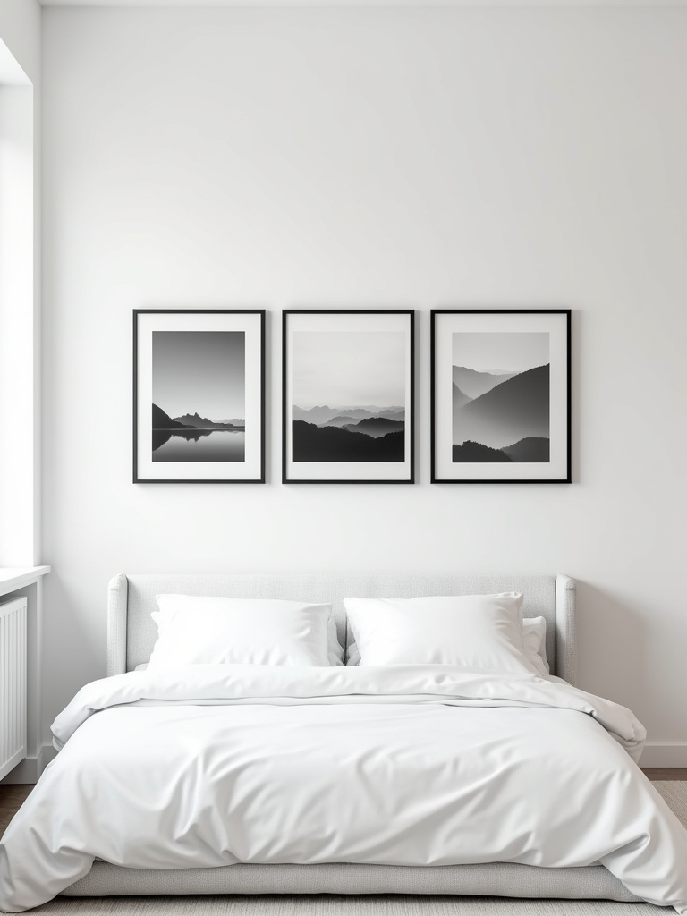 Minimalist bedroom featuring three framed black and white landscape photographs arranged horizontally above a simple bed, illuminated by soft natural light.