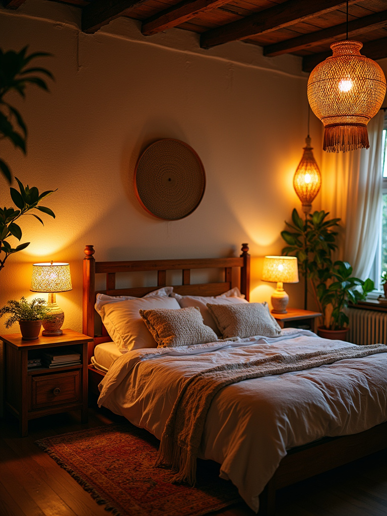 Bohemian bedroom with macrame pendant lights and natural material lighting fixtures, adding texture and bohemian style.