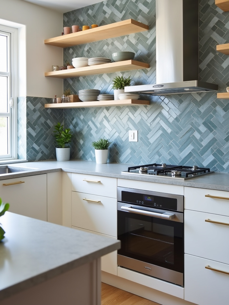 Modern kitchen with a bold geometric tile backsplash in blue and grey tones.