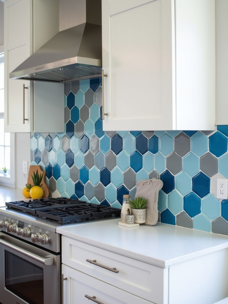 Contemporary kitchen featuring a bold geometric hexagon tile backsplash in blue and grey tones.