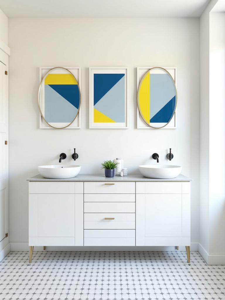 Set of three framed geometric prints with blue and yellow triangles above a double vanity in a vibrant bathroom.