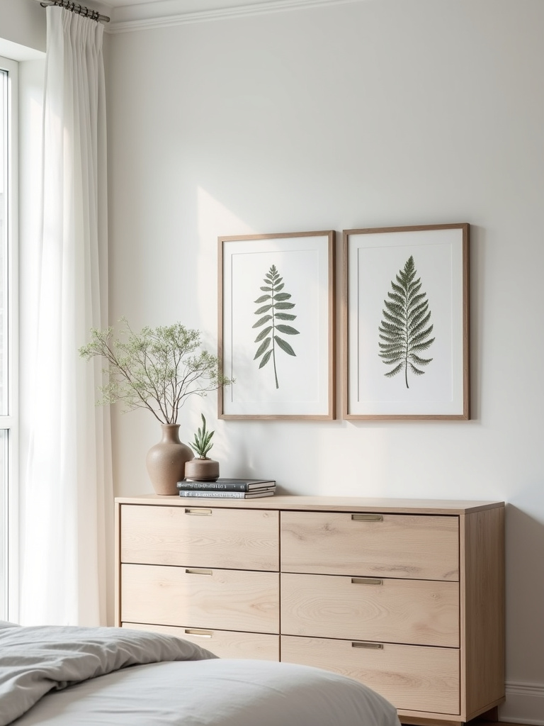 Scandinavian bedroom with a row of three framed botanical prints of ferns and leaves hanging above a light wood dresser, illuminated by soft daylight.