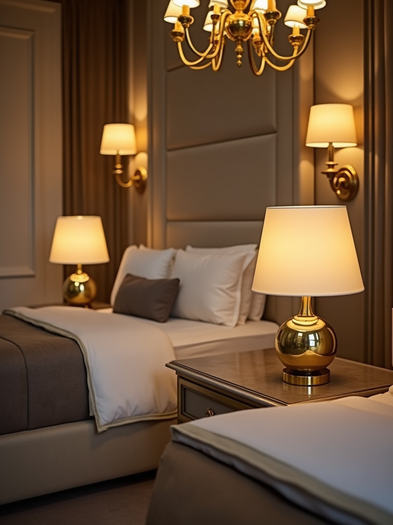 Elegant bedroom with brass and gold lighting fixtures adding warmth and sophistication.