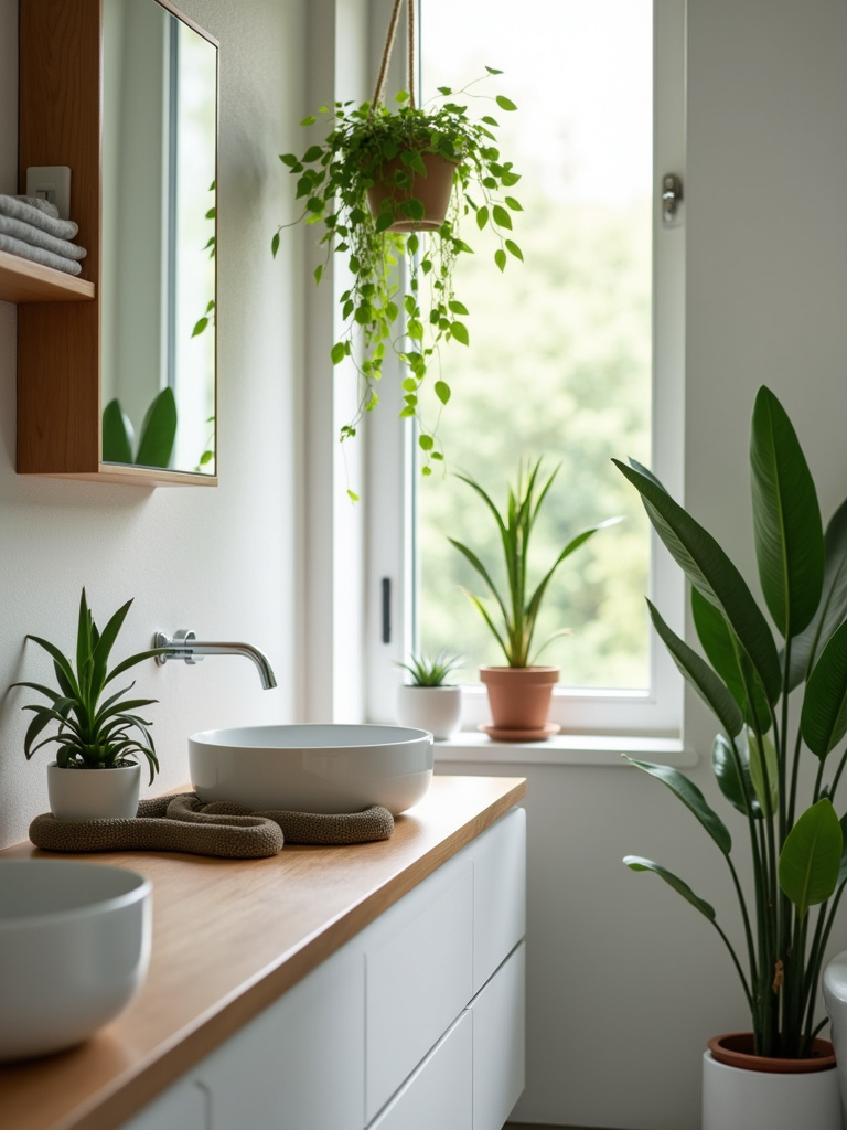 Bright modern bathroom filled with indoor plants, including a snake plant on the vanity and pothos hanging from a shelf, bringing a touch of nature indoors.