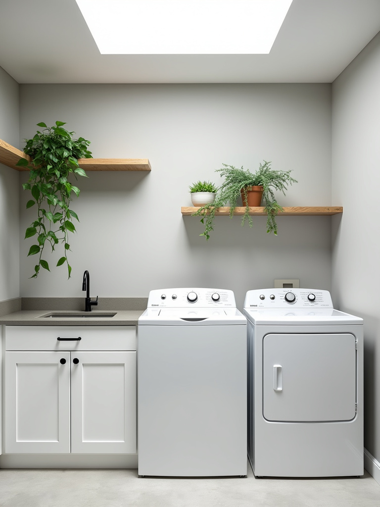 Minimalist laundry room with indoor plants like snake plants and pothos on floating shelves.