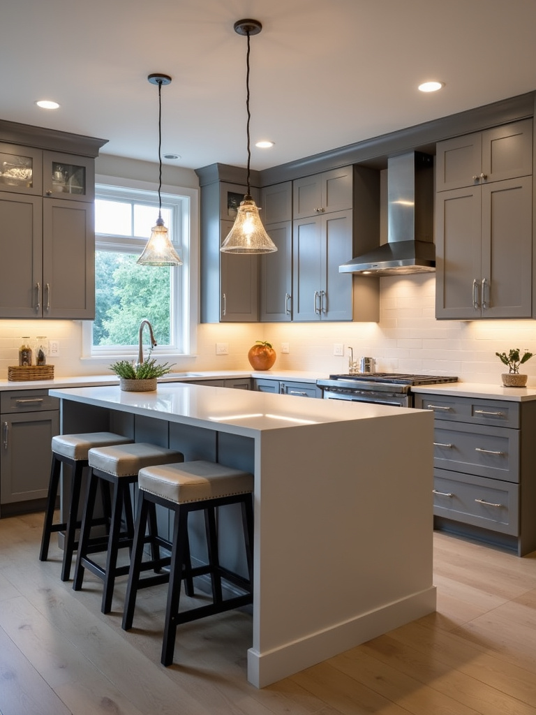 Modern kitchen with a kitchen island extended to create a stylish bar area with bar stools.