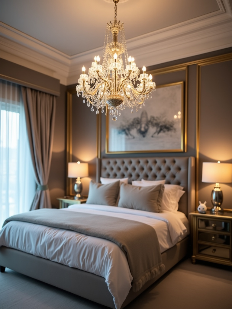 Elegant master bedroom with a crystal chandelier as a central statement lighting piece.