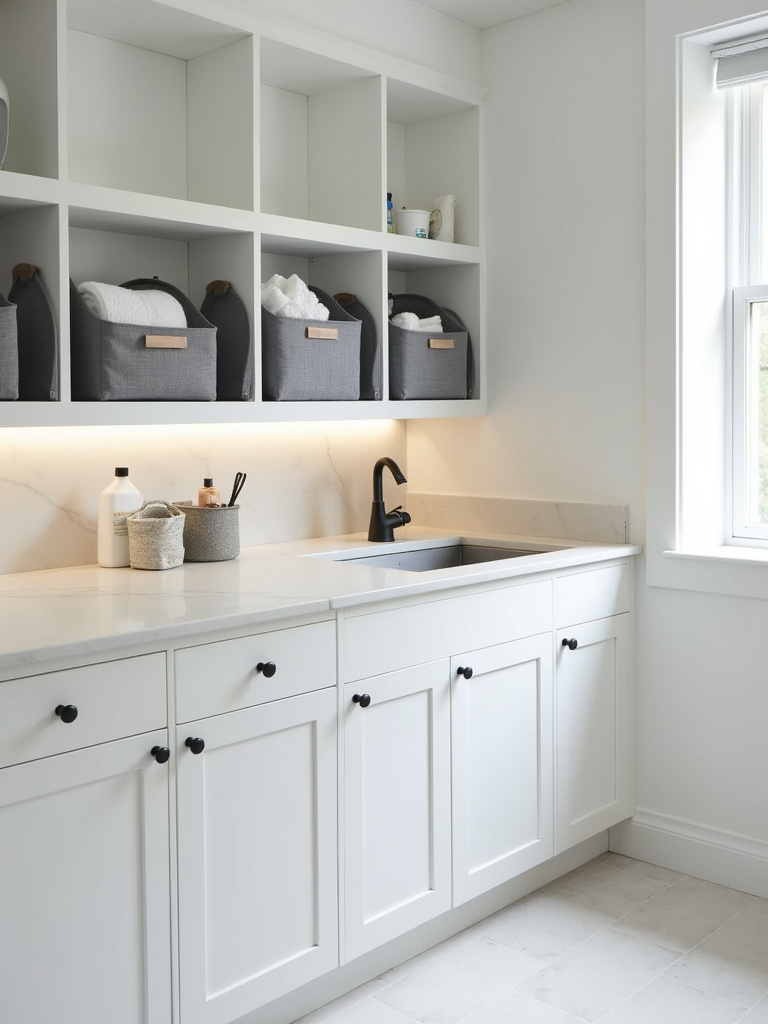 Minimalist laundry room featuring chic gray fabric storage bins on open shelving.
