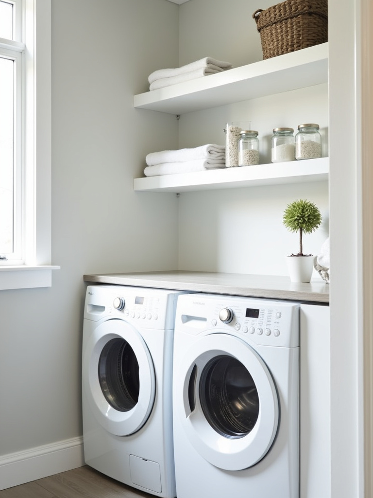 Bright laundry room with white floating shelves above washer and dryer, styled with towels, detergent jars, and a succulent, in a minimalist Scandinavian style.