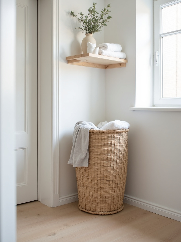 Scandinavian laundry room with a light wood hamper and built-in shelf holding laundry and towels.
