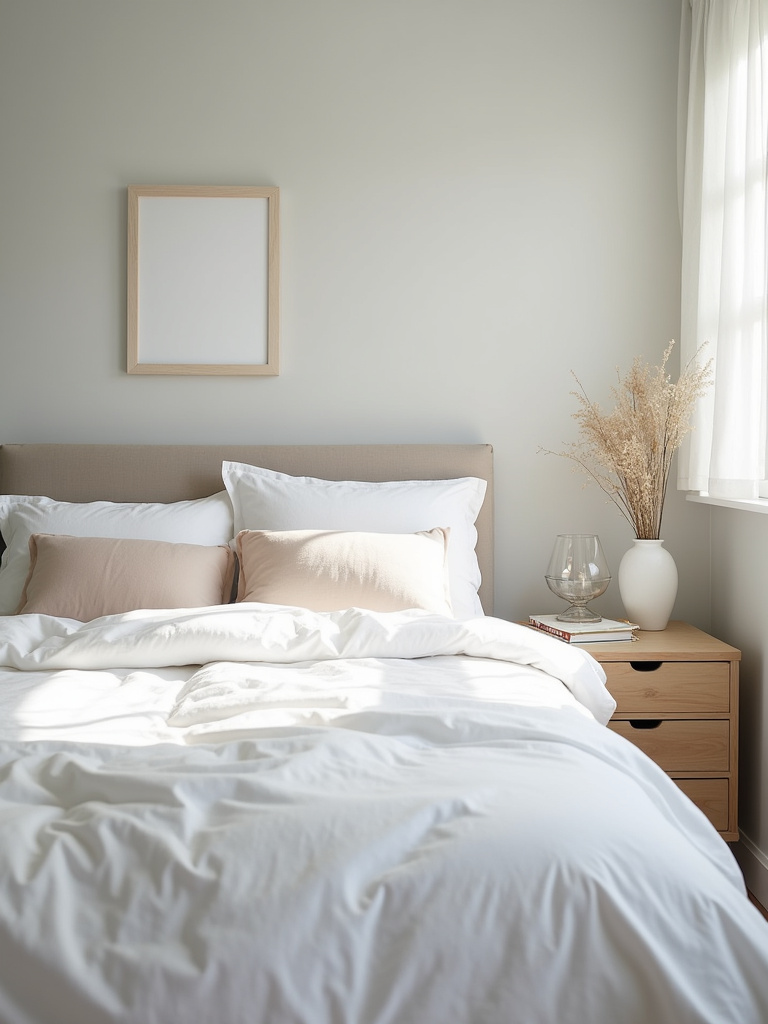 Light and airy color palette enhancing spaciousness in a serene small bedroom.