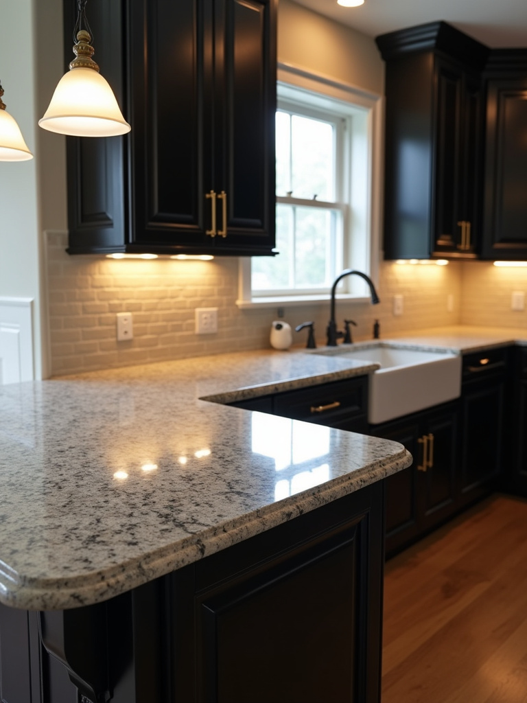 Classic kitchen featuring a black kitchen island with a light gray granite countertop with dark veining, creating a timeless and elegant look.