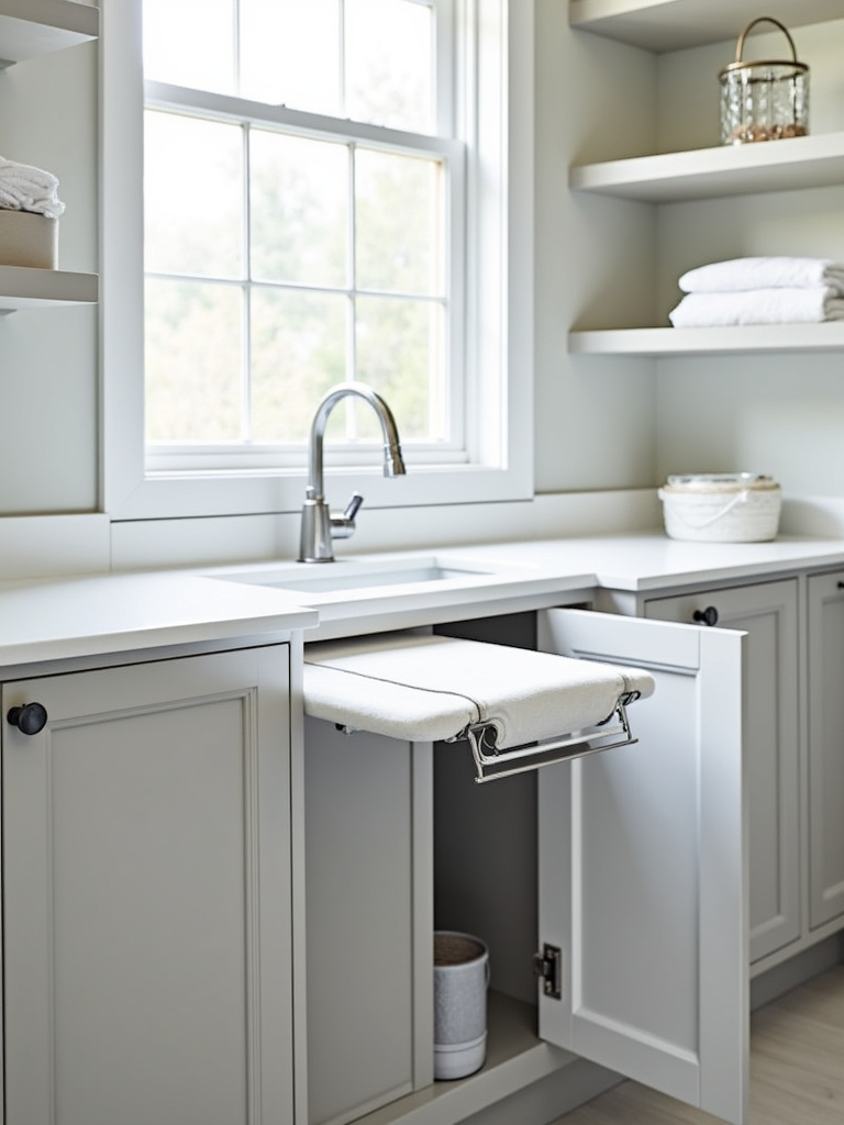 White laundry room cabinet with a pull-out ironing board extended, ready for use.