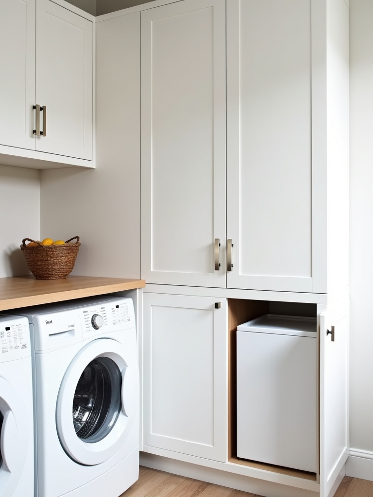 Scandinavian laundry room with concealed pull-out laundry hamper in white cabinetry.