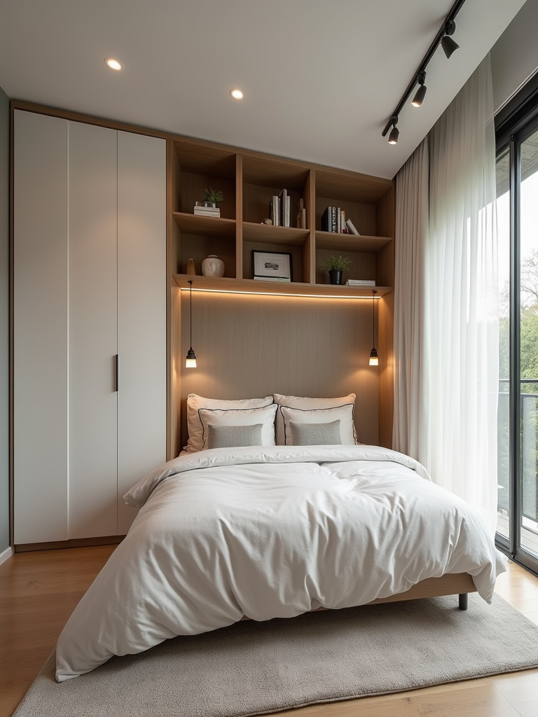 Murphy bed providing ultimate space flexibility in a multi-functional small bedroom.